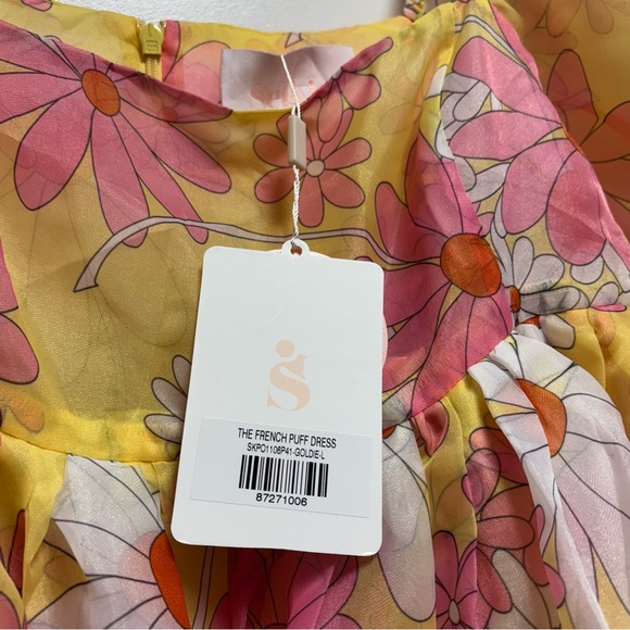 💫NWT💫Selkie French Puff Midi Dress Goldie Yellow Pink Daisy Floral Print L - Picture 6 of 11